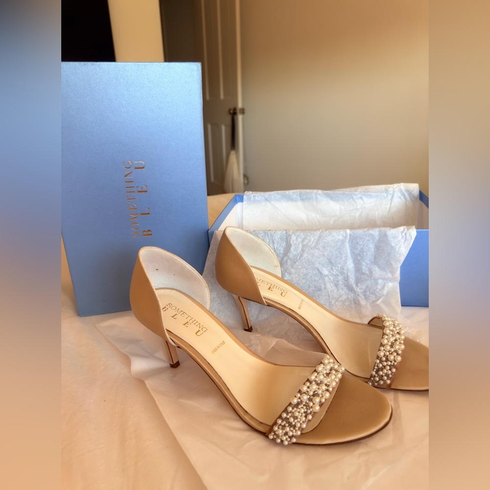 Something Bleu Bridal Tan Heels with Pearl Accents